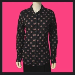 VTG WRANGLER Navy Blue Pink Floral Cowgirl Snap Rodeo Long Sleeve Shirt